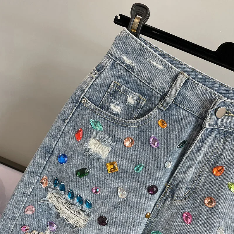 Colorful Diamond Studded Nail Bead Ripped Jeans Blue High Waisted Loose Shorts Shiny Fashionable Versatile Casual Trousers