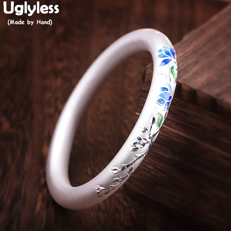 

Uglyless Enamel Blue Lotus Bangles for Women Real 999 Full Silver Ethnic Bracelets 9MM Thick Bangles Silver Fine Jewelry BA621