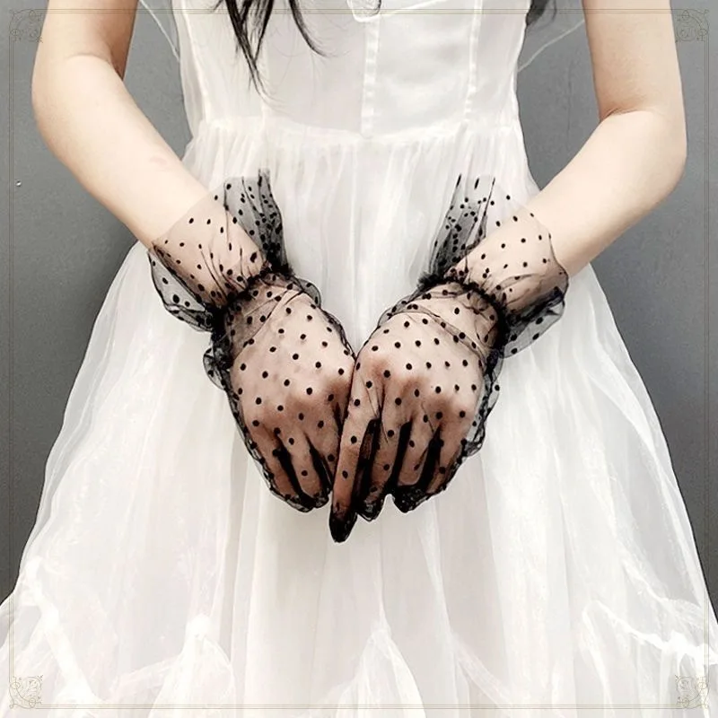 french-retro-polka-dot-mesh-see-through-lace-gloves-women's-thin-with-lace-wedding-dress-decoration-full-finger