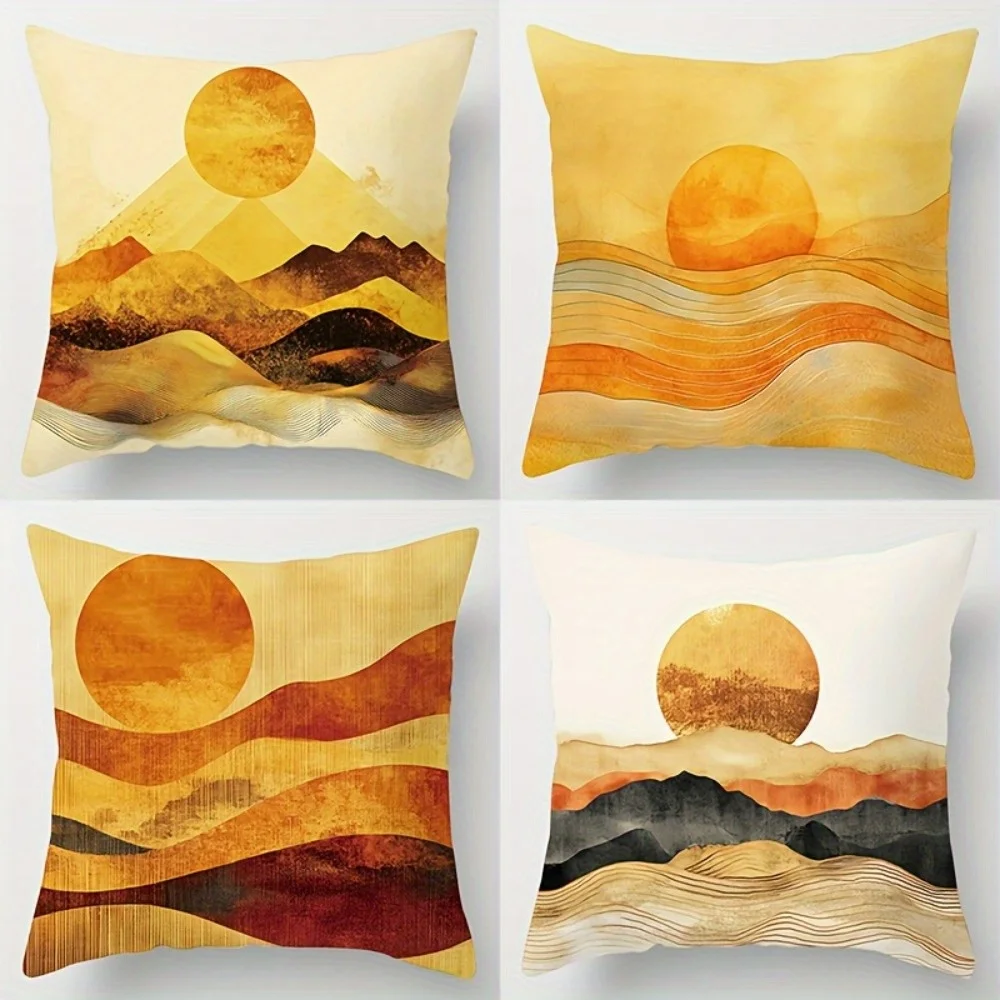 Warm Golden Sun & Mountain Throw Pillow Covers, Abstract Landscape Wave Print Cushion Cases Cozy Boho Home Decor for Living Room