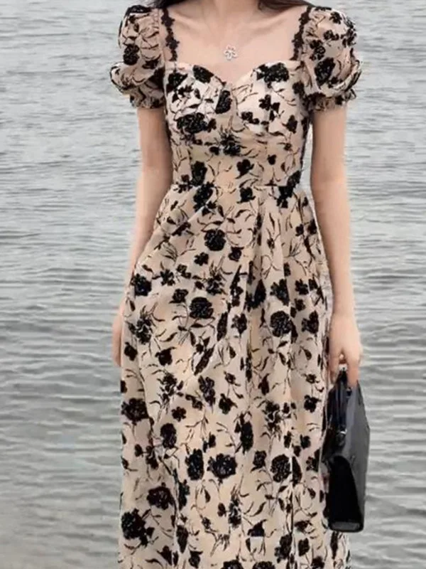 Dry Rose Hepburn Style Style Dress French High Waist Skirt Design with Unique Tea Break Fragmented Flower Long Dress Women 49IO