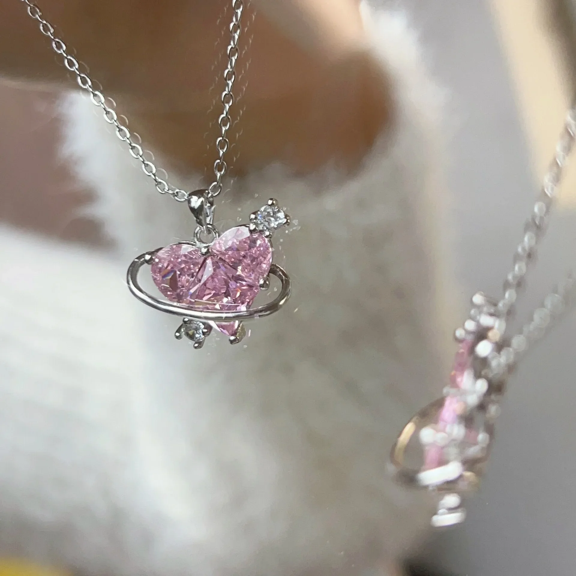 Y2K Mujer Personalized Jewelry Necklace Pink Crystal Zircon Heart Shaped Copper Pendant 2023 Jewelry Necklace For Women