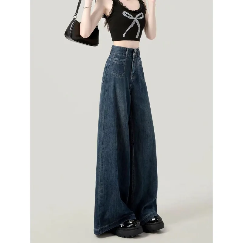

Womens Highwaisted Jeans Loose Straight Tube Look Thinner Street Style Deep Blue Wide Leg Baggy Denim Trousers Casual Pants