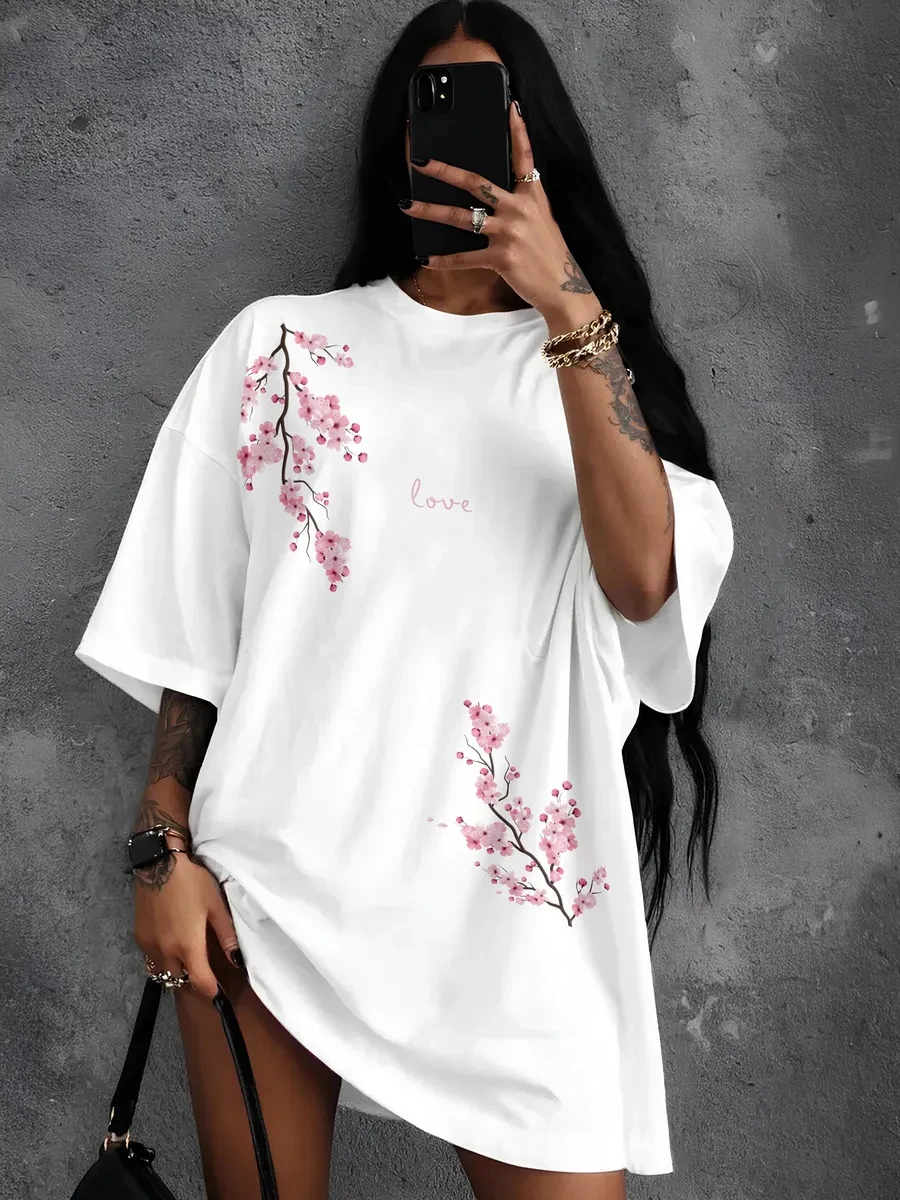 Beautiful Sakura Love Printed Cotton T-Shirts Women Summer Oversized Tops Casual Soft Short Sleeve Tees Basic O-Neck Clothes