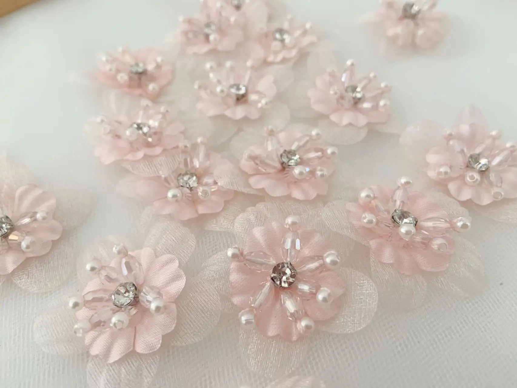 10 PCS Light Pink 3D Bead Flowers Handcrafted Colorful Floral Organza Applique for Zakka Sewing Accessories,Girls Skirt Decor