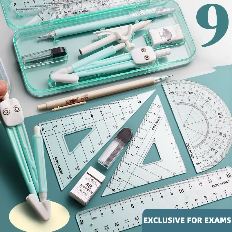 البوصلات والمساطر مجموعة 9 قطع Kawaii مثلث حاكم حاكم طالب مجموعة حاكم متعددة الوظائف الرياضيات الرسم البوصلة مجموعة #3