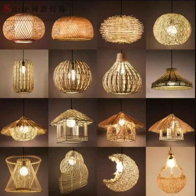 

Chinese retro chandelier restaurant restaurant lighting bamboo braided lampshade straw hat
