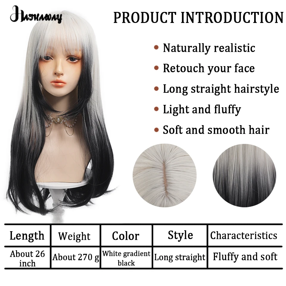 26 Inch Long Hair Wig Female Synthetic White Gradient Black Long Straight Hair Wig Cosplay Lolita Party Holiday Activities Wear