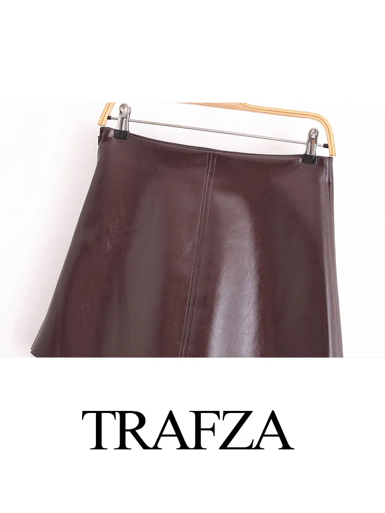 TRAFZA Women Summer Vintage High Waist Mini Skirts Solid Faux Lecther Short Skirt For Women Fashion Party Streetwear Skirt Mujer