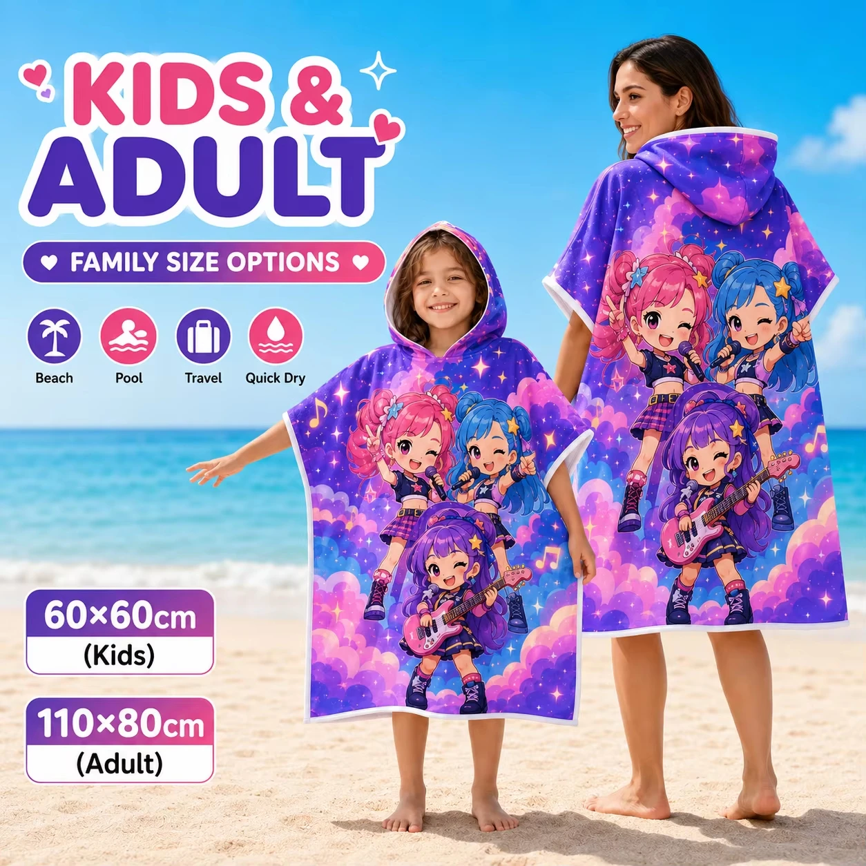 K-Pop Idol Parent-child Outfits Towel 2D Print Microfiber Quick Dry Poncho for Kids Adult for Bath Beach Pool Swimming Cute Kpop