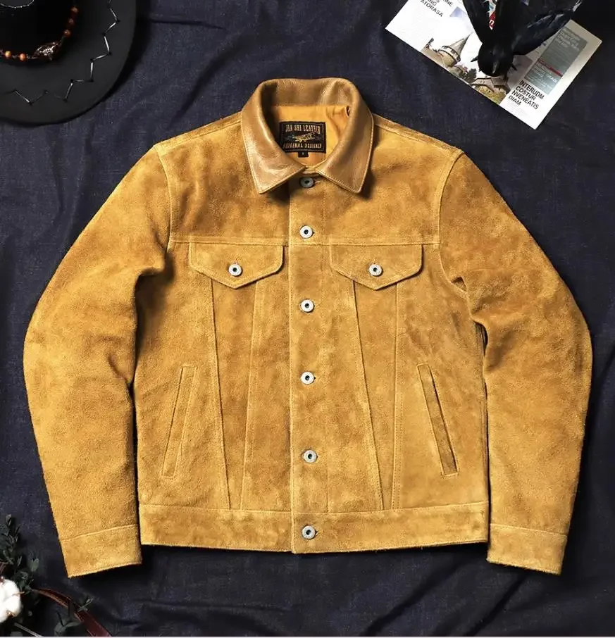 LNY Shop Best.High quality Classic American work leather jacket.Mens 100% natural Cowhide suede coat.Vintage Denim 507 cloth