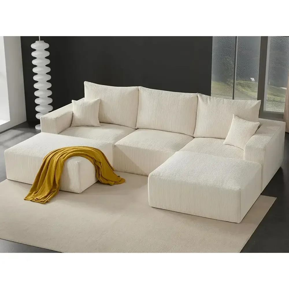 U-Shaped Sleeper Sofa with Chaise, Deep Seating, Corduroy Upholstery, 3-Seater, No Assembly, Beige