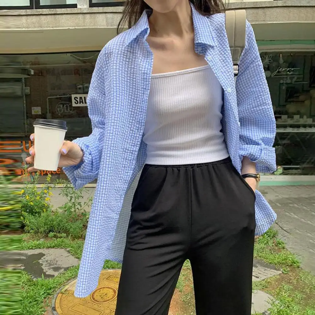 Women Casual Shirt Lapel Long Sleeve Basic Commuting Style Shirt Plaid Print Mid-length Shirt Tops