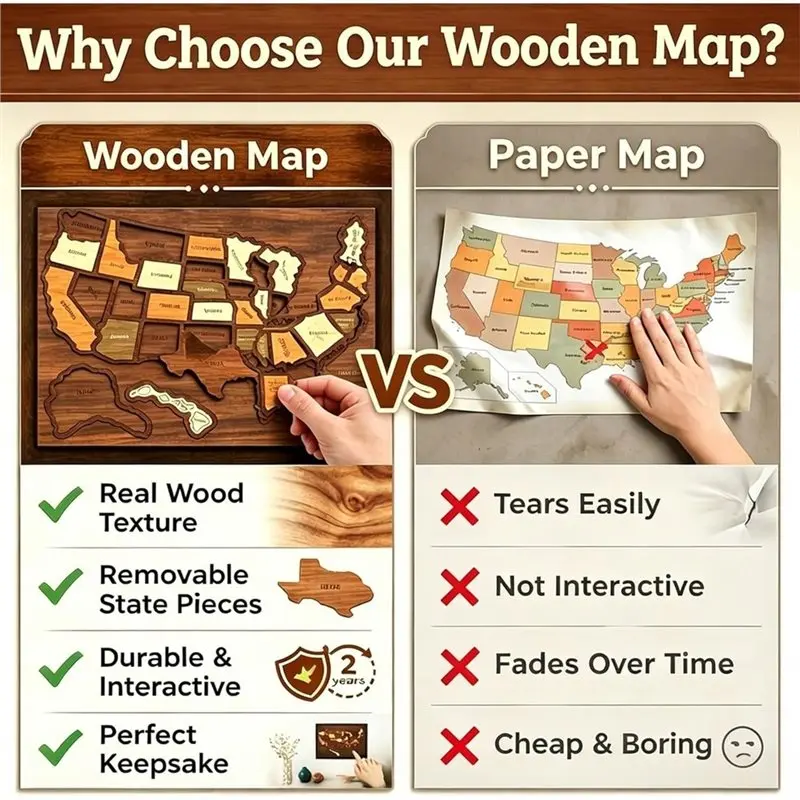 CYGJ-For Journey Memories, Wooden USA Travel Map Puzzle, Interactive State-By-State For Journey Tracker Map Pin Board For Travel