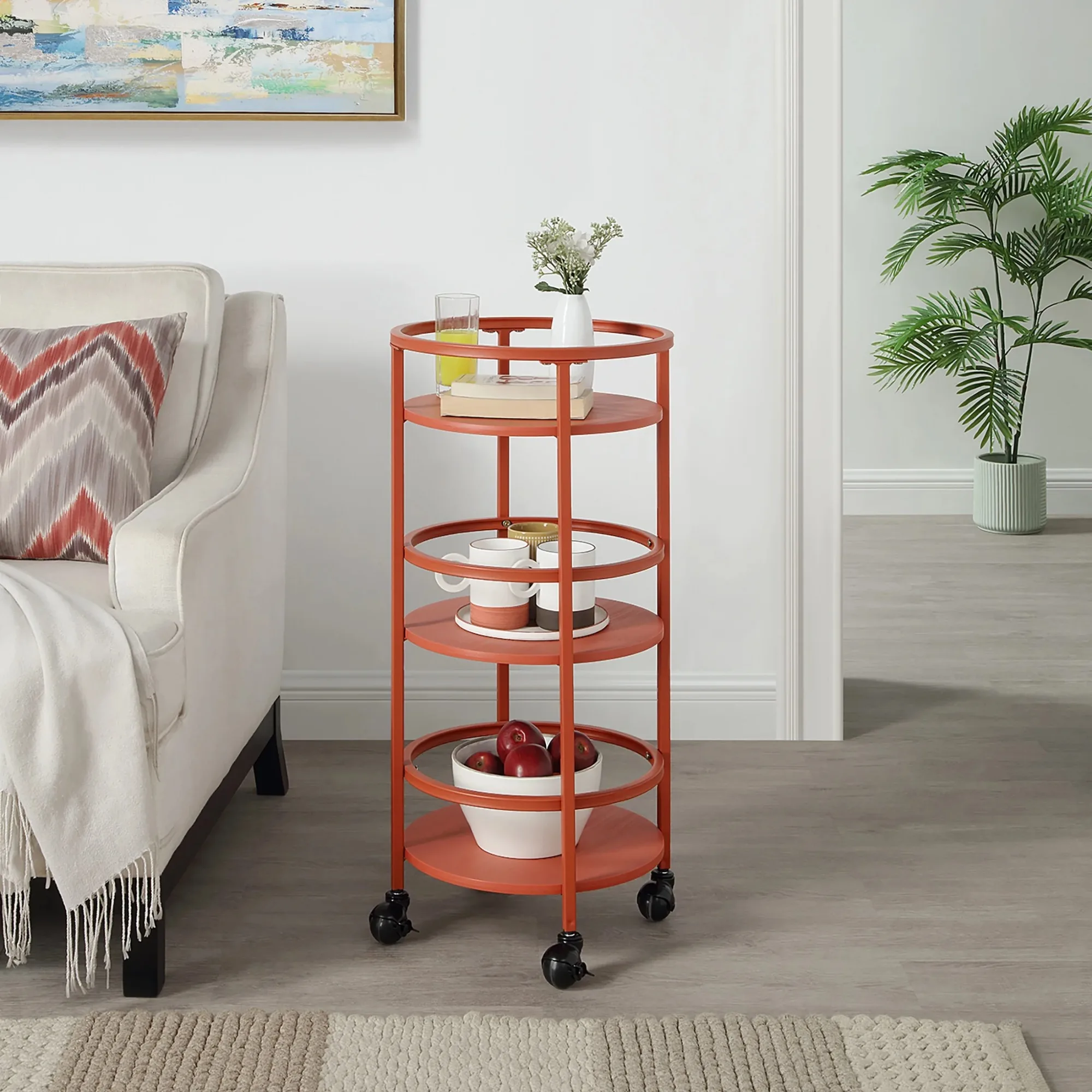 

32" 3-Tier Rolling Round Kitchen Storage Bar Cart, Red