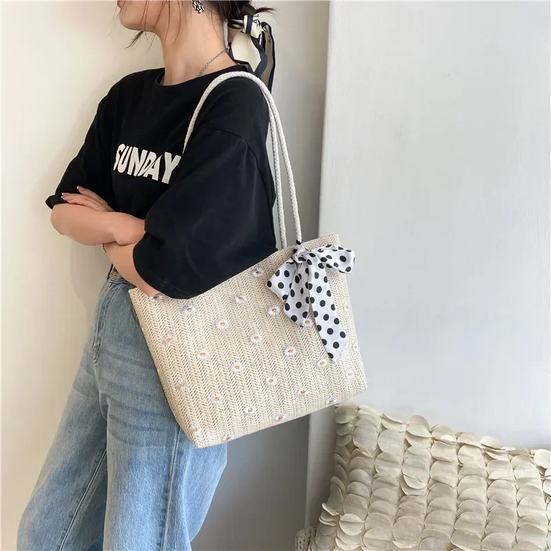 Straw Braided Silk Scarf One-shoulder Handbag Ladies Solid  Large-capacity Fashion Simple Handbags Summer Travel Beach Bag