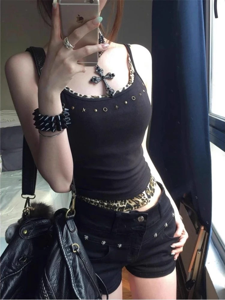 

Women Y2K Cyber Gothic Leopard Patchwork Cami Top Vintage Y2K 2PCS Look Studded Sleeveless Slim Crop Tank Summer Streetwear