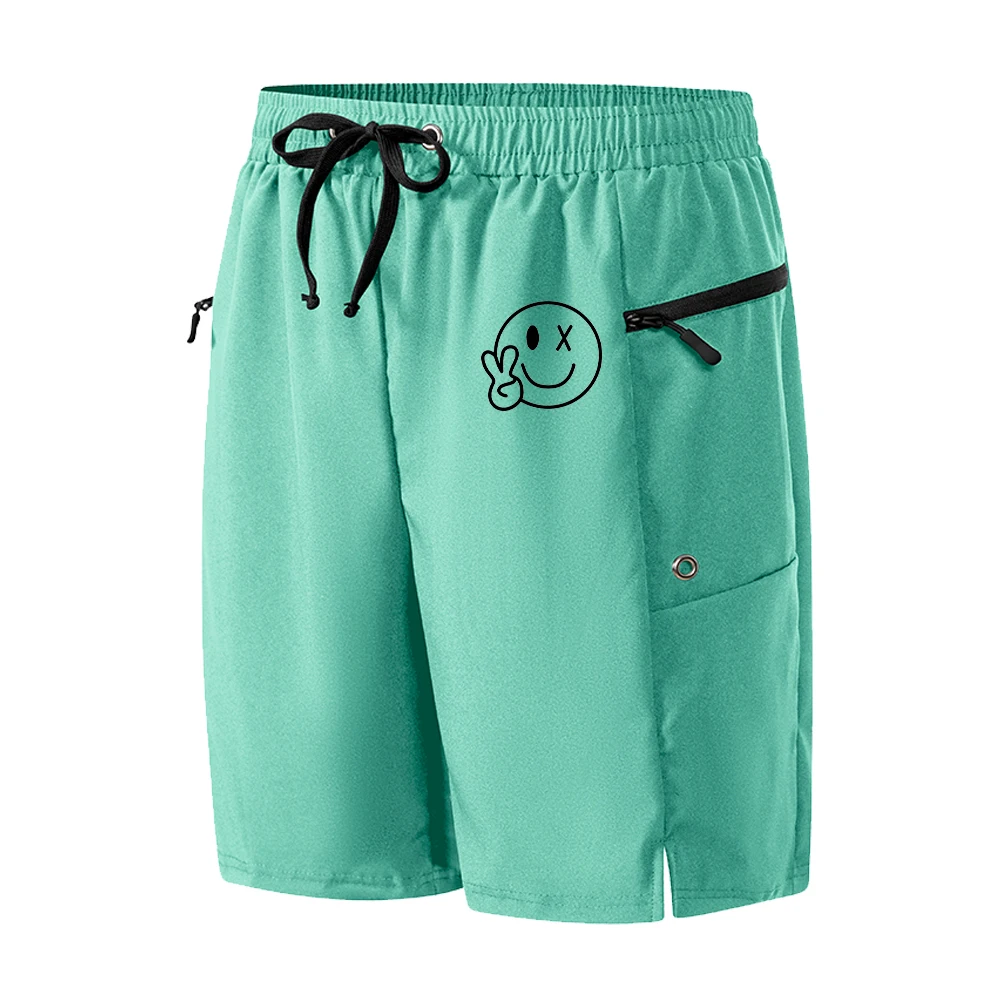 Men's Casual Beach Shorts With Smiley Face Print Drawstring Quick Drying And Breathable Try Mesh Lining Swim Trunks Swimwear