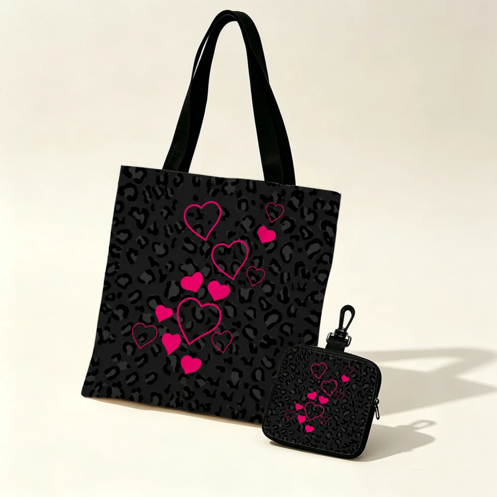 Bolso Tote con Estampado de Leopardo Negro y Corazones Rosas con Monedero a Juego - Set de Bolsos de Compras para el Día de San Valentín para Mujer, Regalo con Corazón