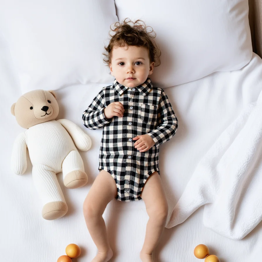 Casual Baby Boys Bodysuits Fashion Plaid Pattern Autumn Cotton Baby Shirt Clothing