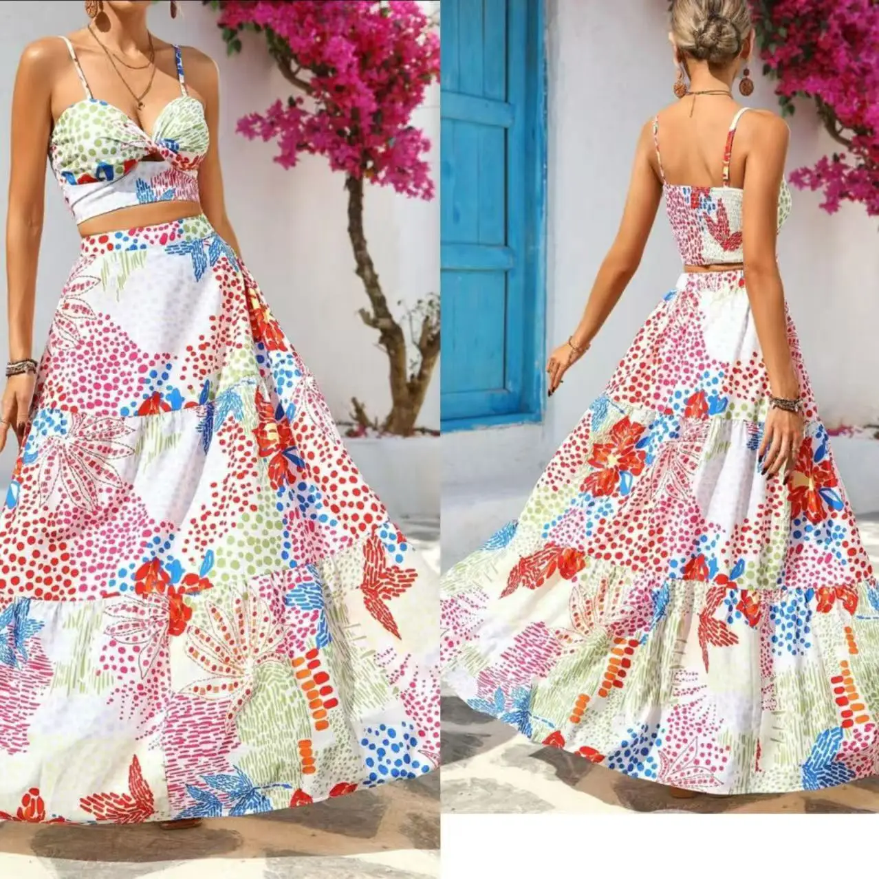 

Sexy Bohemia Vacation Beach Set Women Spaghetti Strap Printed Crop Top and Long Skirt Fit Gown Summer Chic Lady 2 Pcs Set