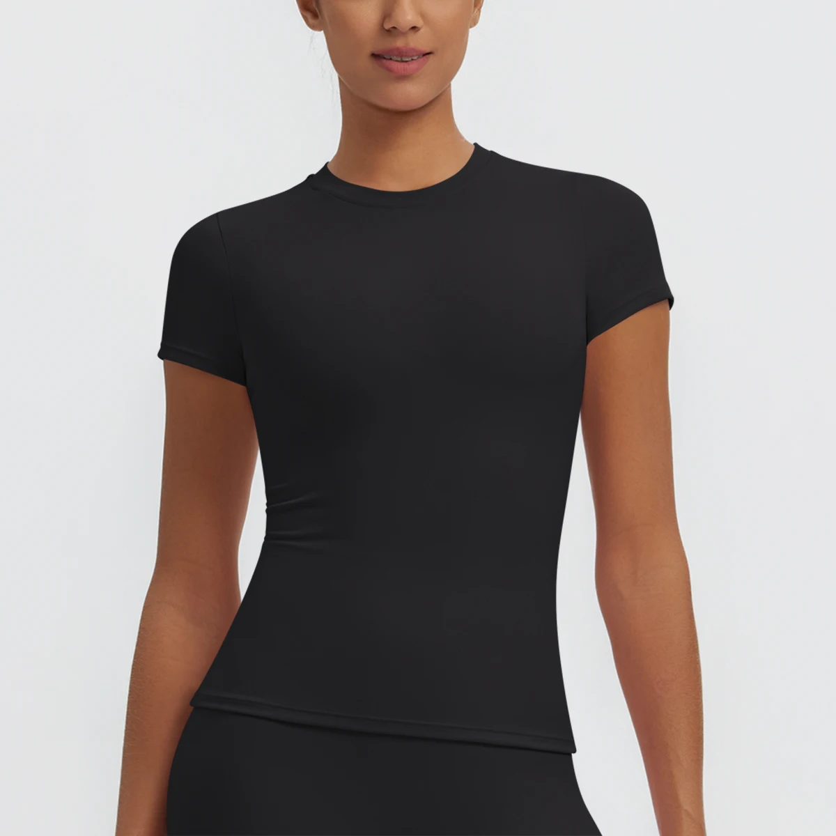 Hochelastisches, schnelltrocknendes, einfarbiges Yoga-Kurzarm-T-Shirt für Damen, Workout-Oberteil, schmal geschnittenes, lässiges Sport-, Lauf-, Fitness- und Yoga-T-Shirt. – Detail 13