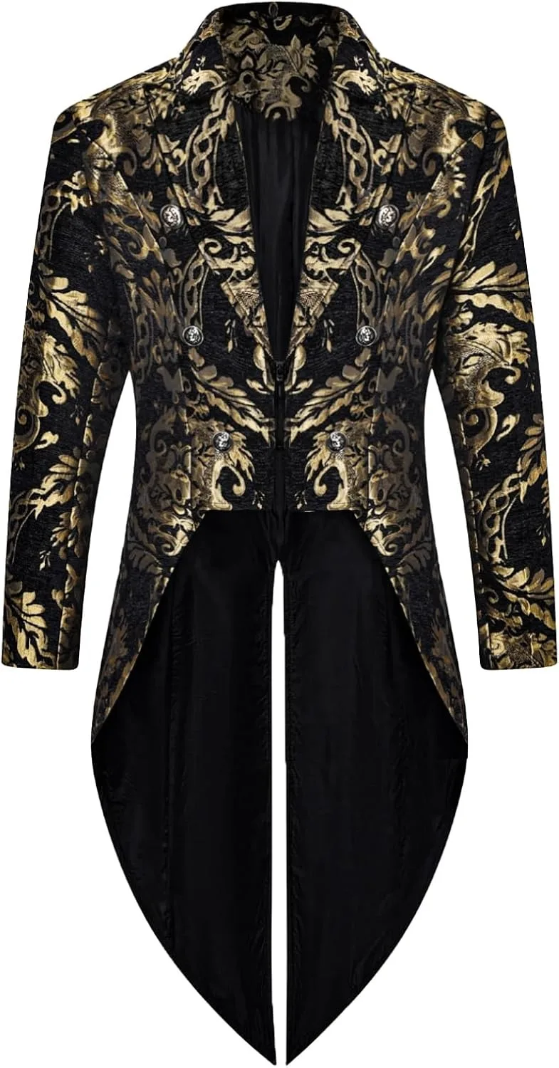 Дьявол мода мужской готический стимпанк фрак куртка черная парча дамасская свадьба