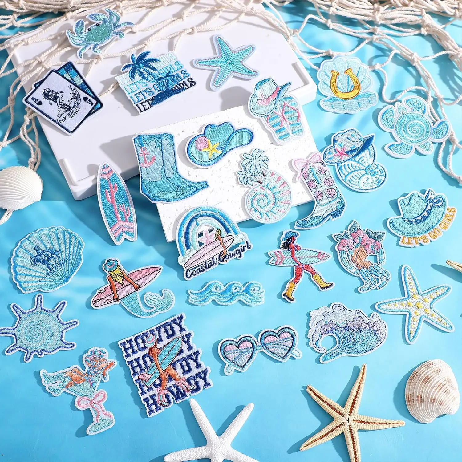 72 Pcs Coastal Cowgirl Iron on Patches Bulk Summer Ocean Embroidered Iron on Hat Patch Blue Beach Holiday Applique Sew on for Tr