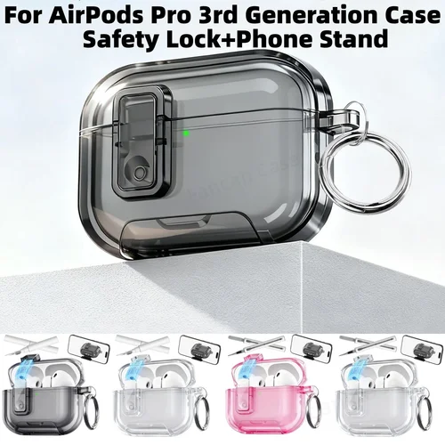 Imagen 1 del producto Cerradura de seguridad para Airpods Pro 3, funda con soporte para teléfono, diseño para Airpods Pro de 3. a generación, cubierta emergente automática con cordón y bolígrafo de limpieza