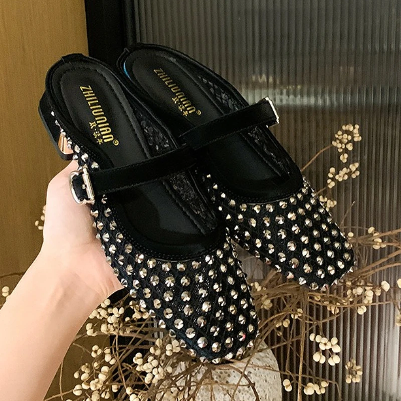 Mesh Rhinestone Chunky Heel Mules Slippers Women Breathable Summer Fashion Slides Square Toe Sandals for Women Pantuflas Mujer