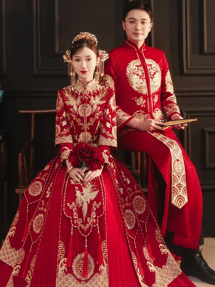 

New wedding gowns Chinese-style toasting clothes dragon and phoenix couple dresses