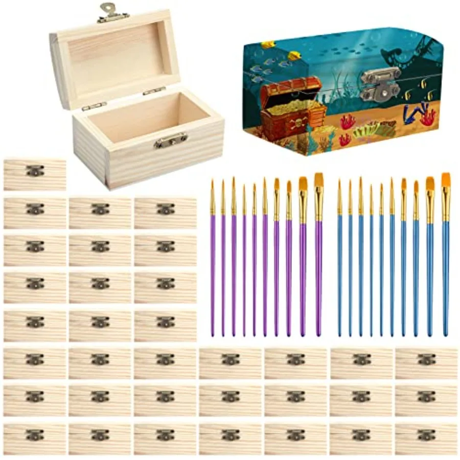 

36 Pieces Unfinished Wood Box for Crafts with 20 Paintbrushes Small Treasure Chest Box with Hinged Lid for DIY Project Craft Ho