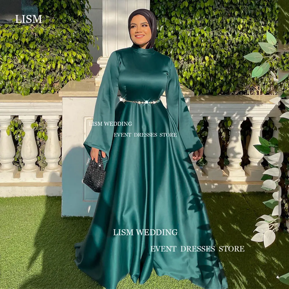 Lismus Vintage muslimischen Abendkleid Saudi-Arabien Dubai eine Linie Ballkleid High Neck formelle Anlass Kleid mit Schleier und Gürtel