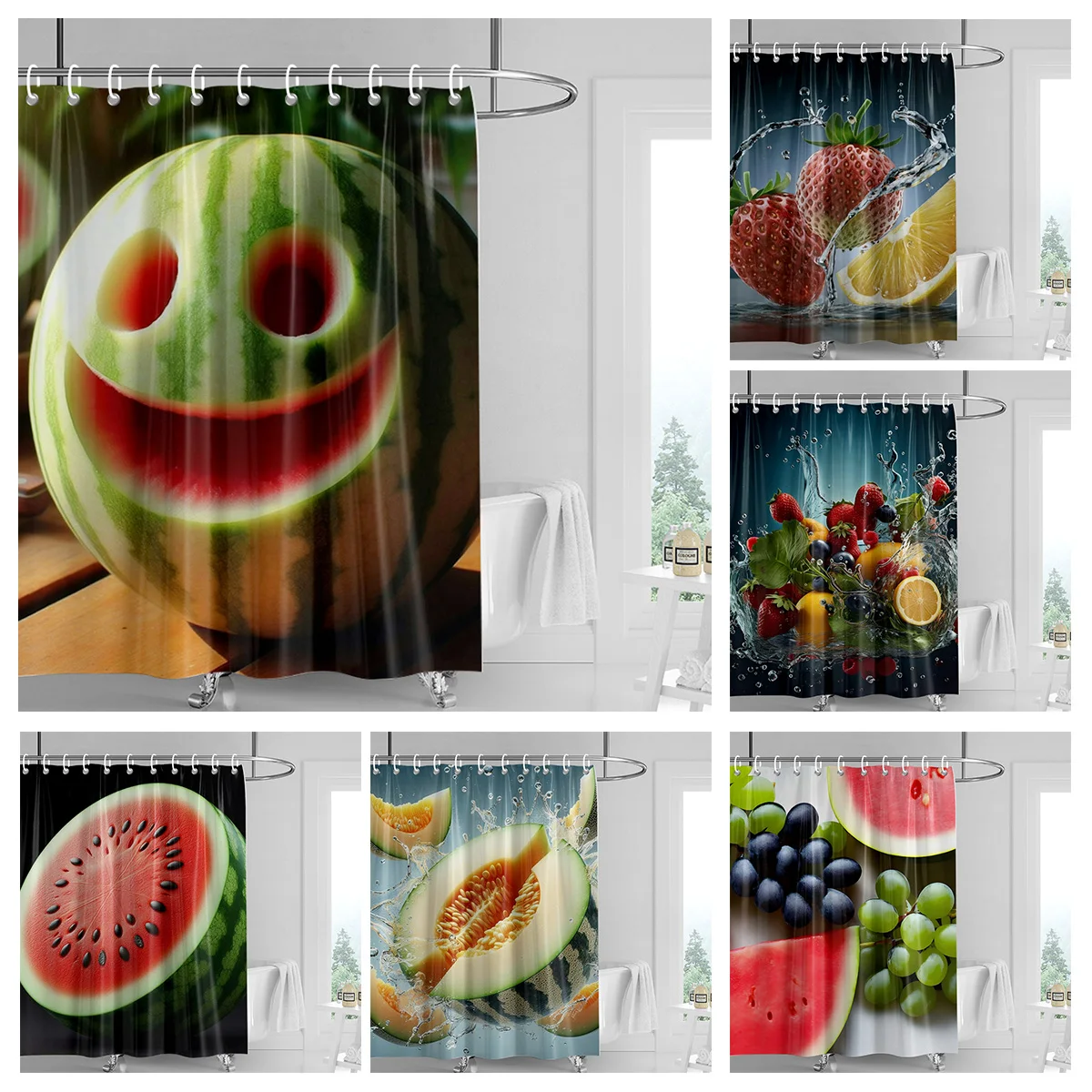 Fruit-Themed Shower Curtains  Smiling Watermelon, Sliced Fruits & Fruits in Splash, Vivid Prints, Fresh Lively Bathroom Decor