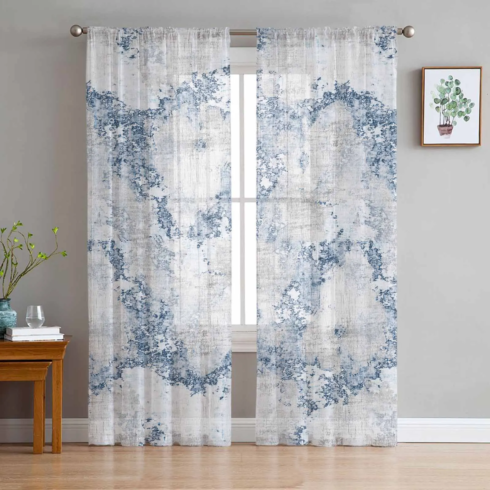 

Abstract Blue Cloth Texture Distressed Sheer Curtains for Living Room Modern Home Decor Tulle Curtain Bedroom Voile Drapes