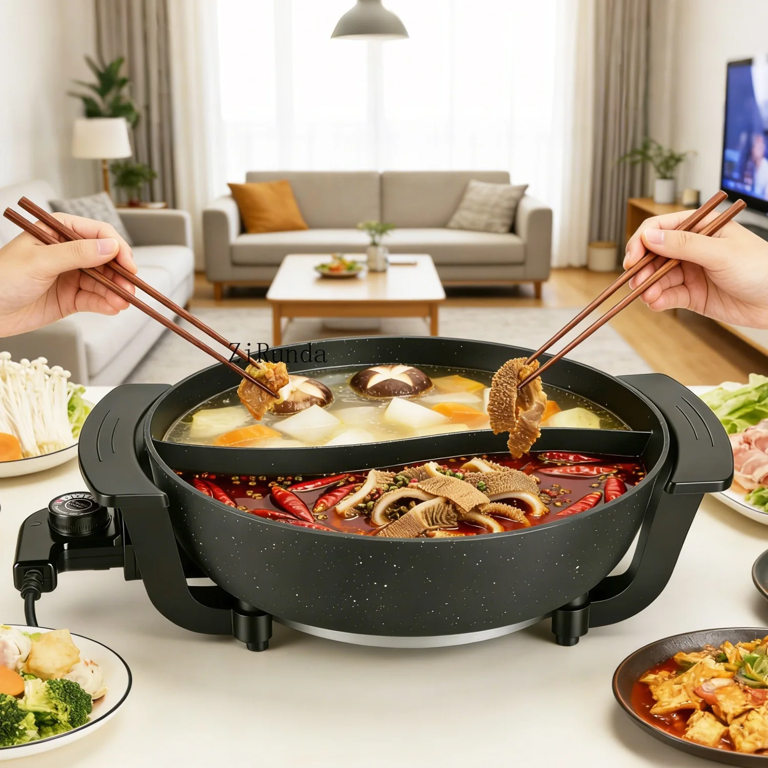 6L Large Capacity Electric Hot Pot with Divider, 5 Gear Adjustable Temperature Non-Stick Electric Cooker, Multifunctional Fondue Pot for 3-6 People with Cooking Tools view 6