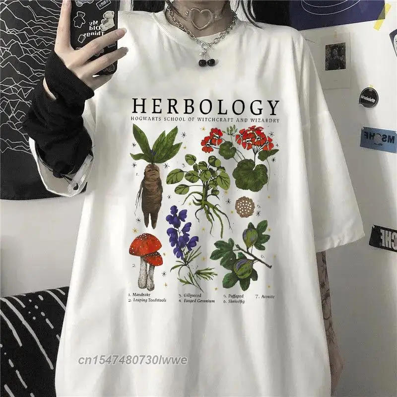 고딕 Herbology 하라주쿠 Y2k 스트리트 탑 레이디 귀여운 만화 만화 소녀 글자 인쇄 일본 캐주얼 남성 티셔츠 트렌디 여성