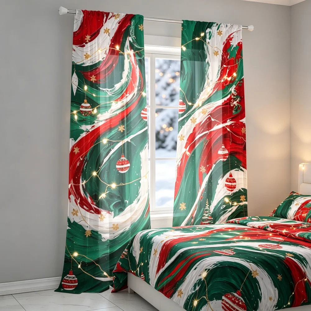 2PCS Christmas Curtains, Red Green Fluid Ornaments Print, Bedroom Living Room Window Drapes, Rod Pocket Polyester, Home Decor