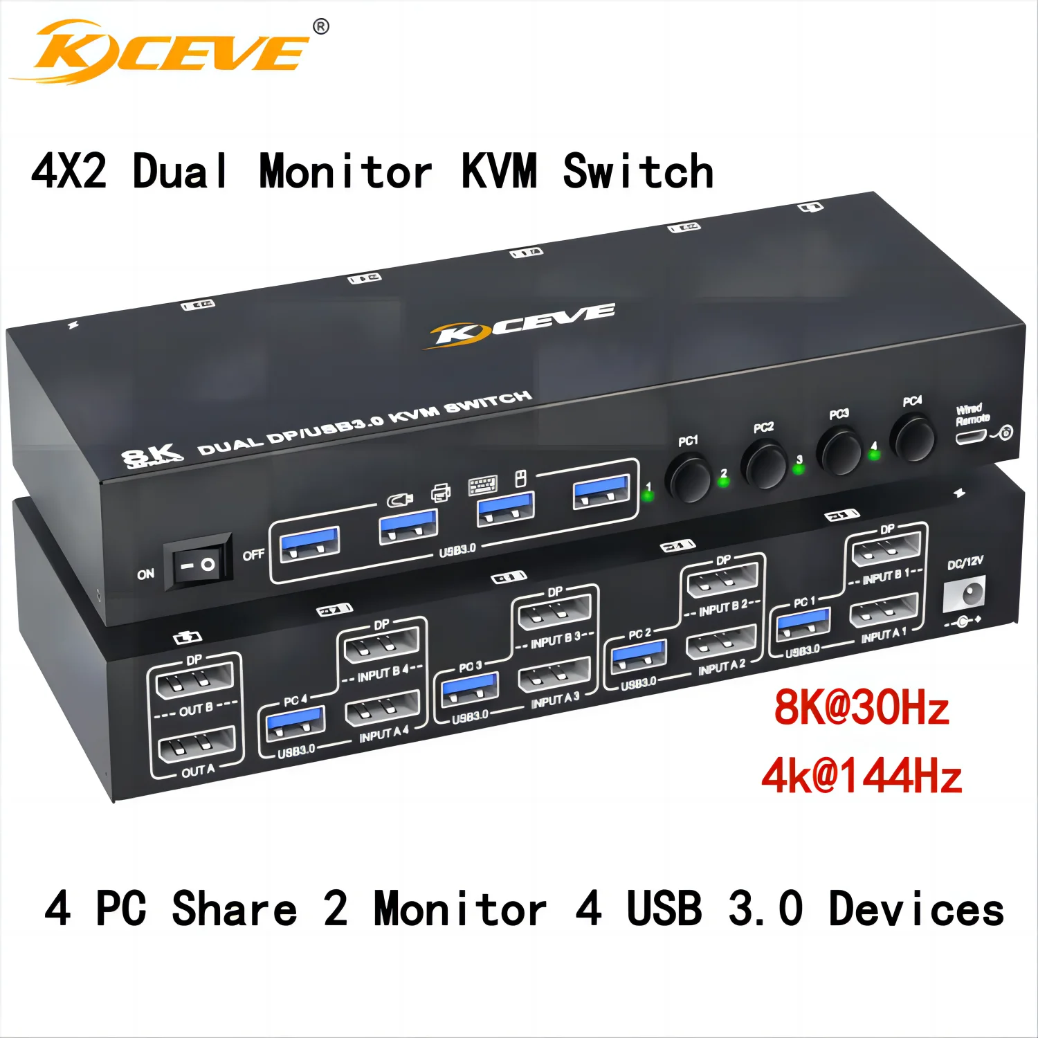 KCEVE 듀얼 디스플레이 포트 USB 3.0 스위처, DP KVM 스위치, 모니터 2 개, 컴퓨터 4 대, 8K @ 30Hz, 4K @ 144Hz, 4 PC 공유 키보드 마우스용