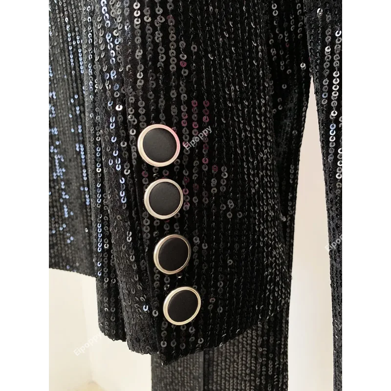 Pantaloni con paillettes in velluto nero donna 2024 nuovi pantaloni Blazer di lusso doppiopetto firmati pantaloni svasati Set abiti abiti