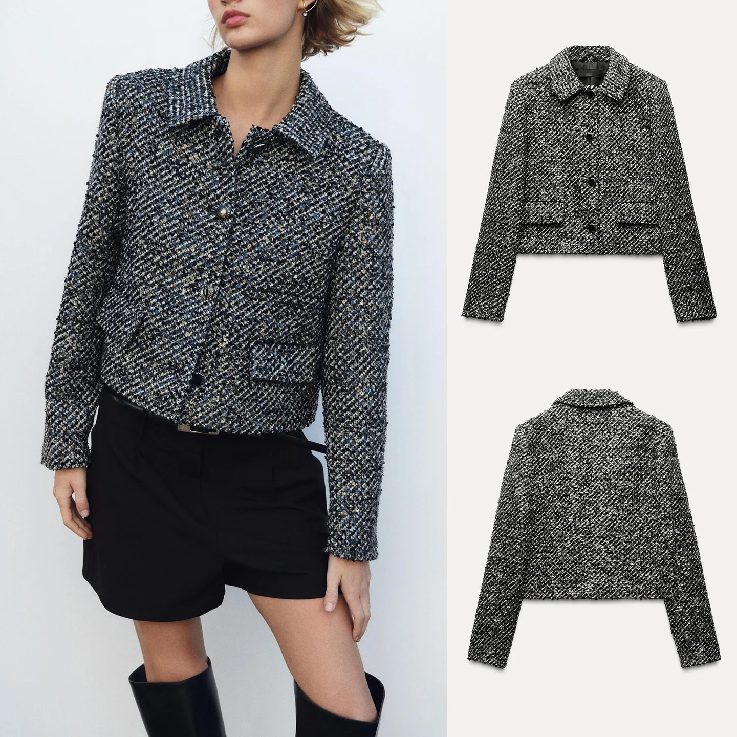 

Осенний новый американский женский костюм ort Length с длинным воротником и блестками, текстурированный костюм Jaet, повседневная офисная одежда