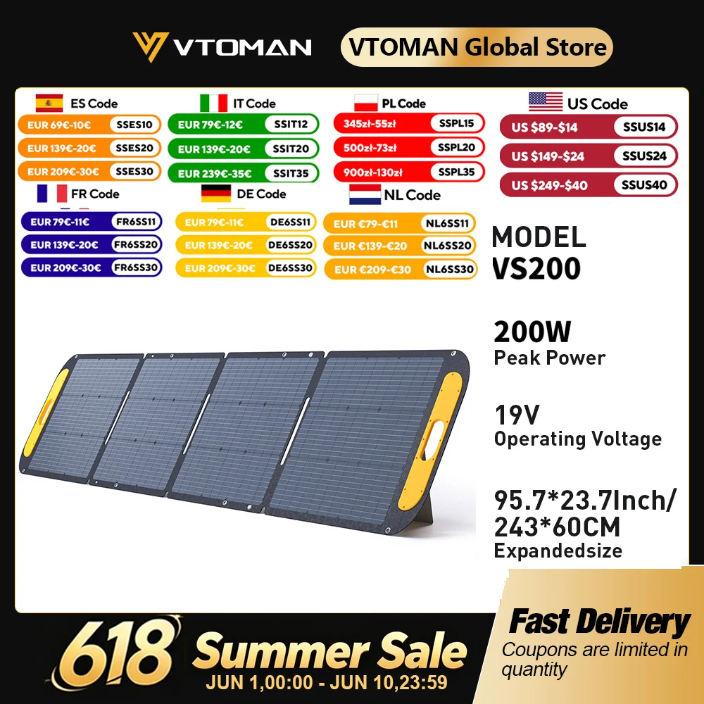 

VTOMAN VS200 Rigid Foldable Solar Panel High Efficience Travel & Phone & Boat Portable 19V 200W Solar Panel Kit