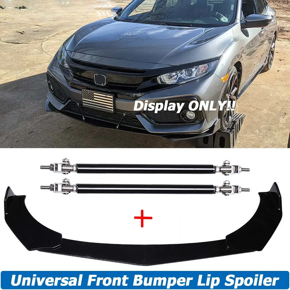 Universal Front Bumper Lip Spoiler Splitter Body Kit Guards w/ 15cm Strut Rod For Honda Civic SI Sedan Hatchback Car Accessories