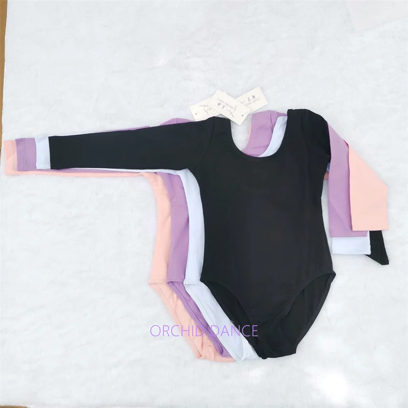 Gorąca Wyprzedaż Dziecięce Dziewczęce Stroje Treningowe do Tańca Białe Czarne Fioletowe Różowe Długi Rękaw Bawełna Spandex Trykoty Baletowe