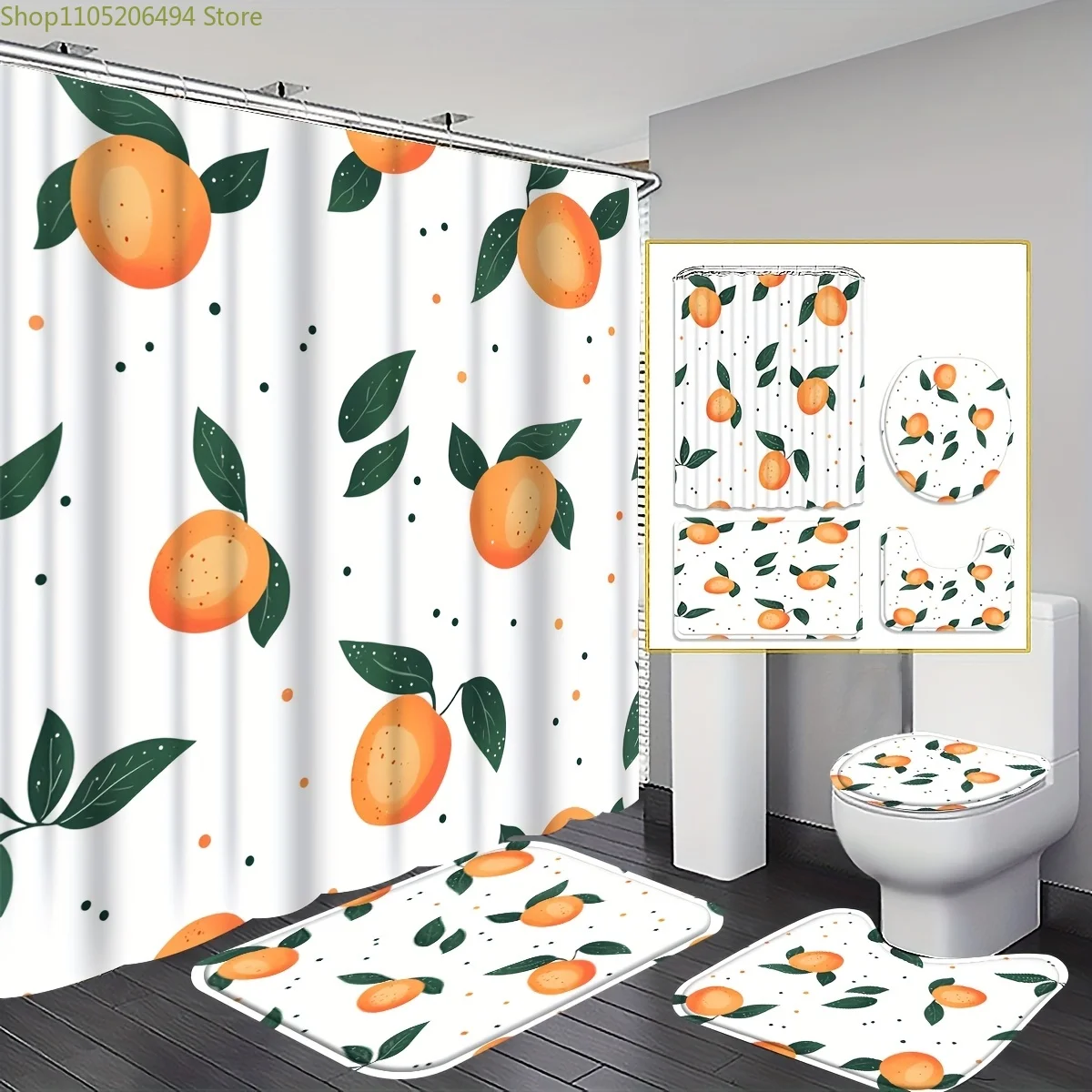 

1/3/4pcs Orange Fruit Pattern Shower Curtain, Green Leafy Citrus Bathroom Decor, Shower curtain set Includes Bath Mat, U-shape