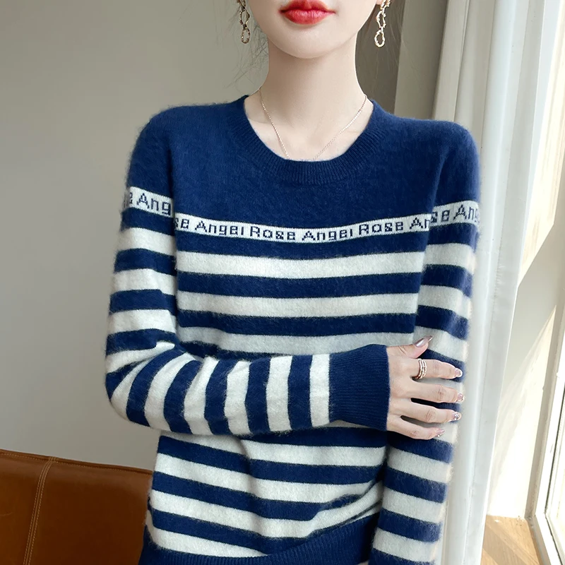 100% Merino Wool Pullover Women's Fashion Letter Sweater Autumn/Winter Warm Cashmere Sweater Soft Long Sleeve Knitted Top