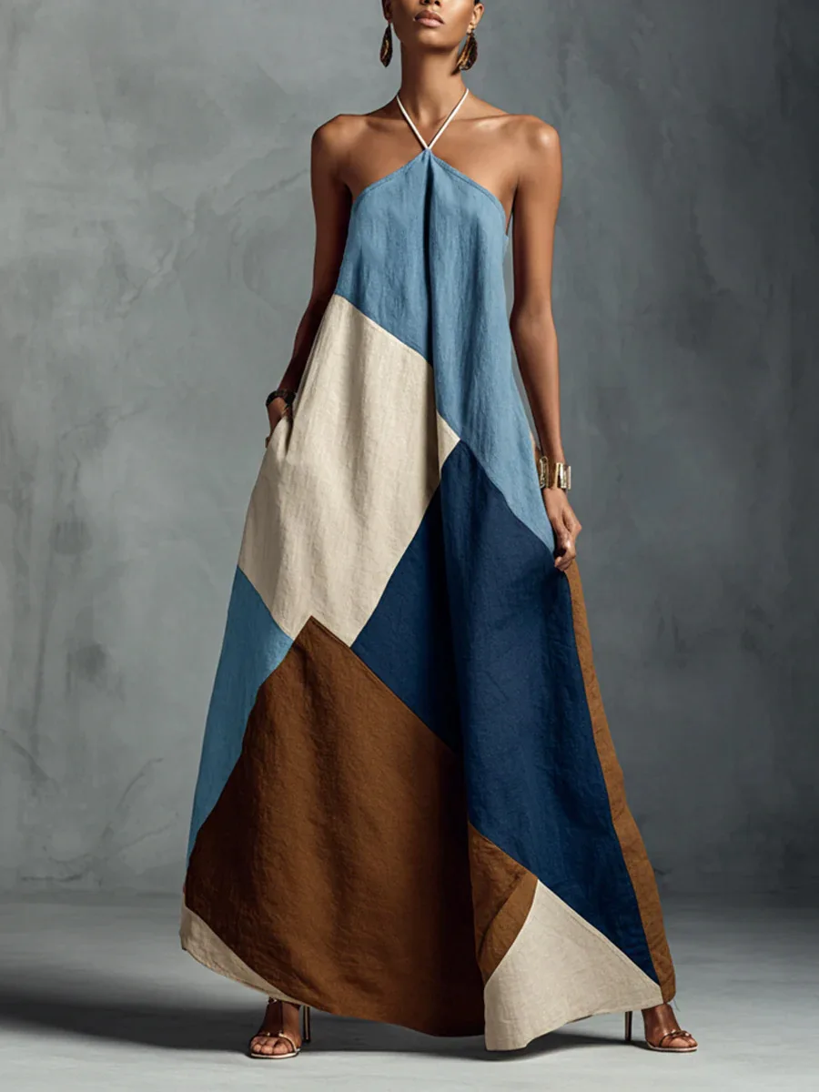 Sommerliches Damen-Maxikleid: Stylisches Color-Block-Patchwork, lockeres, ärmelloses Neckholder-Kleid, modisches Freizeitkleid mit Taschen