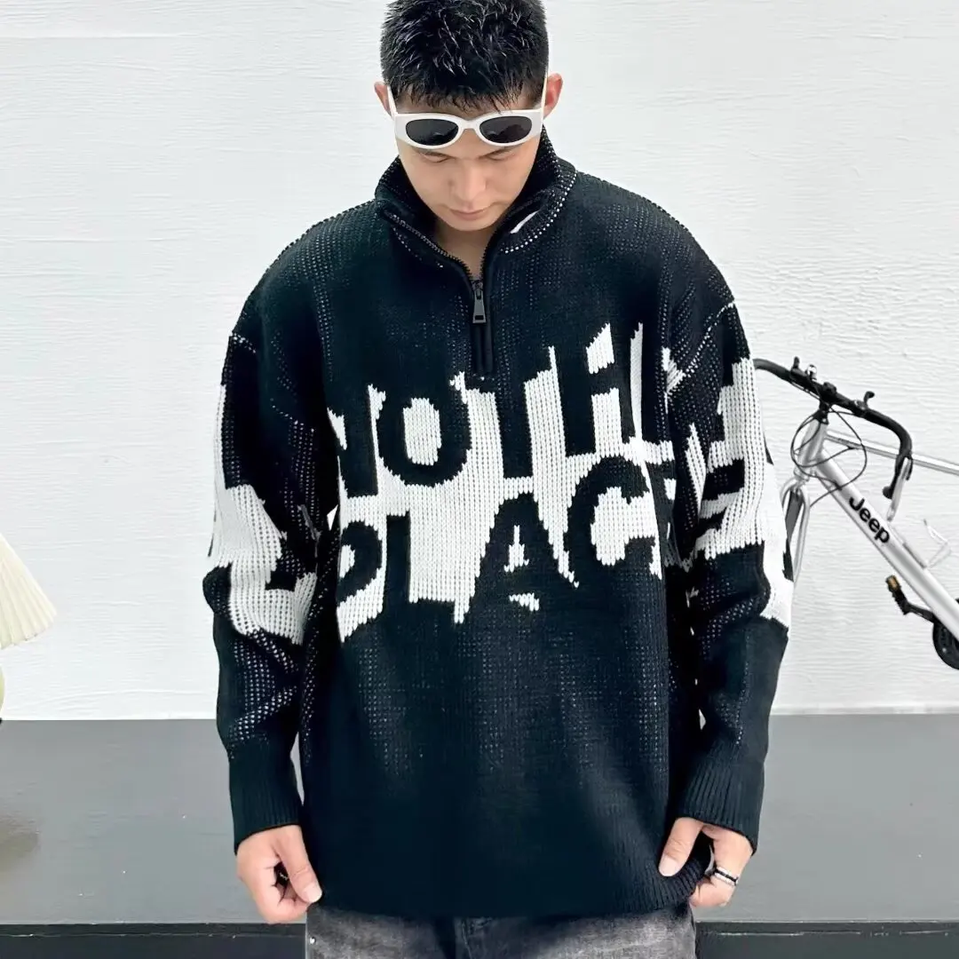 

Мужской трикотаж большого размера с высоким воротником и молнией, свитер Street Sle, свободная пара, американское ощущение, полиэфирное волокно, Thiened Lo...