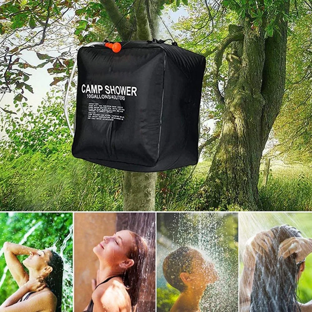 2 Pack 40L Capacity Solar Shower Bag Removable Hose Heat Absorbing Camping Shower Bag Nylon Ropes PVC Outdoor Bathing Shower