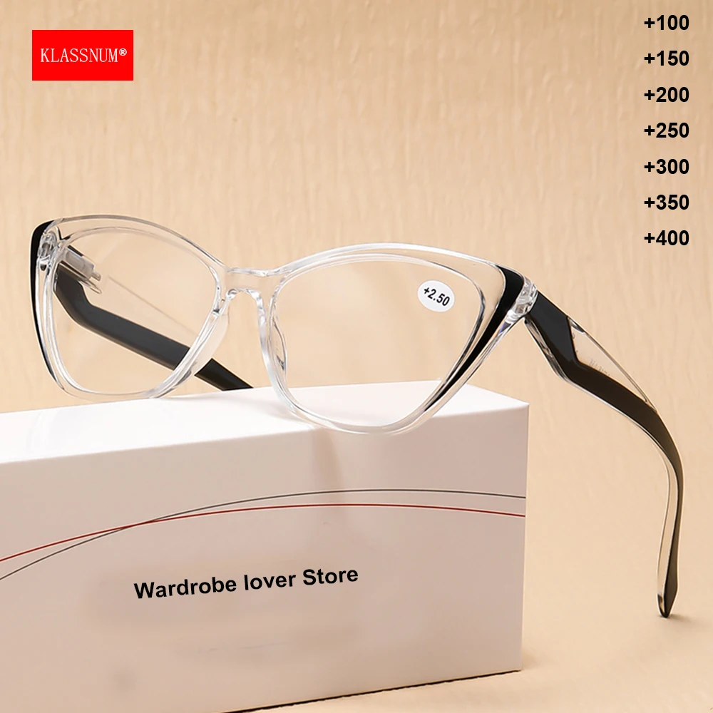 KLASSNUM New Transparent Cat Eye Reading Glasses Women Retro Magnifing Lens Hyperopia Eyepiece Plus Eyewear+1.0+1.5 +3.0+3.5